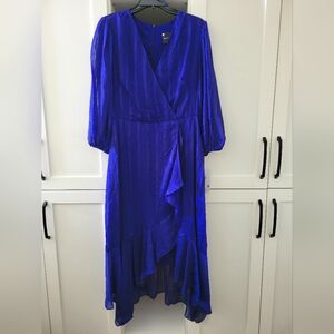 NWT Sz. 12 Sapphire Blue Asymmetrical Wrap Dress with Bishop Sleeves